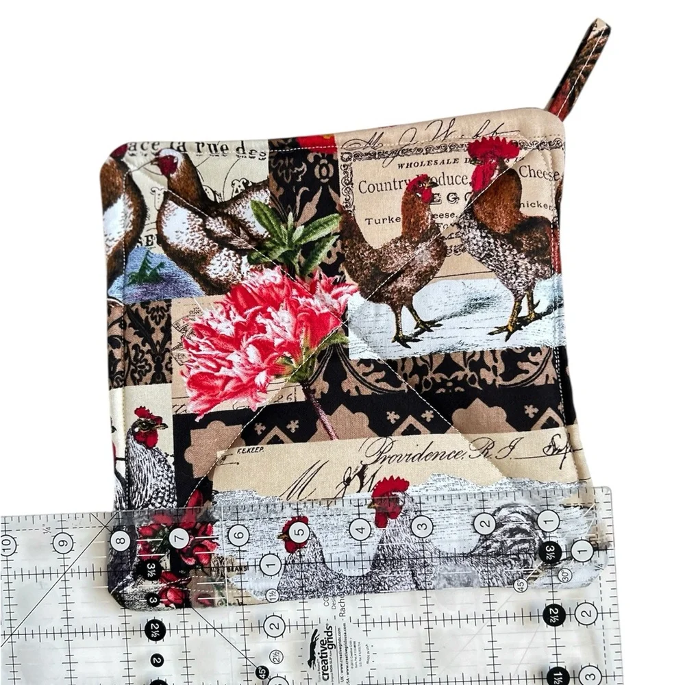 Hand Crafted Farmhouse Red Roosters Potholders Set Fabric Hot Mats Trivet